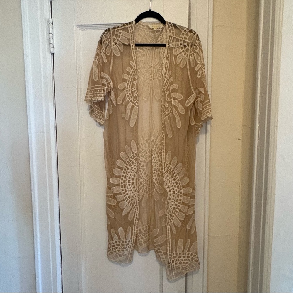 Elegant Tan Lace Overlay Coverup